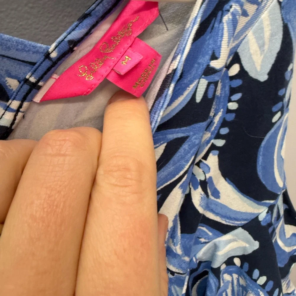 Lilly Pulitzer Navy and Light Blue Floral Midi Dress with Pink Hem Trim - Picture 3 of 4